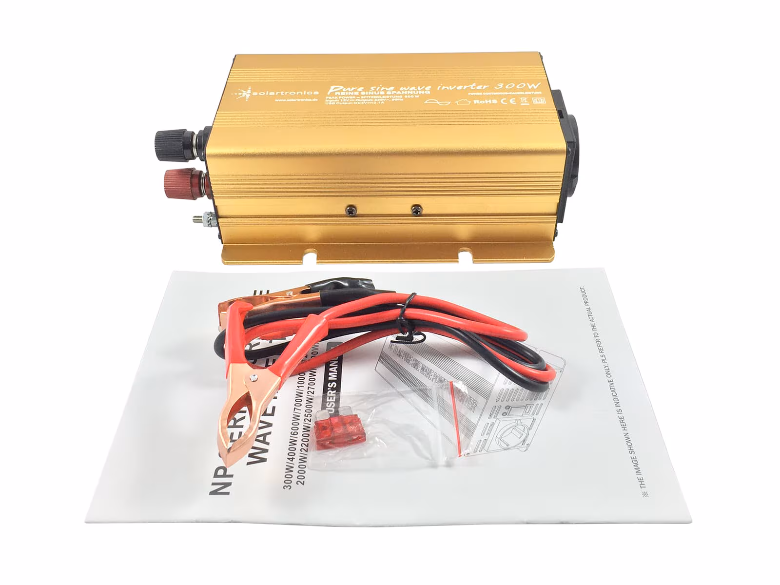 12V naar 230V Zuivere Sinus Spanningsomvormer - 300W - Goud - Afbeelding 4