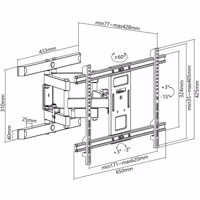 Tv muurbeugel voor 37-70 inch schermen - Pro - Kantelbaar en Draaibaar - Tot 60kg - Zwart - Afbeelding 6