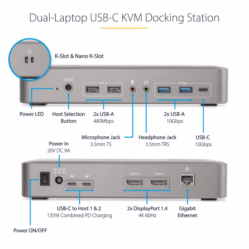 StarTech USB-C KvM Dock - 4x USB-A, 1x USB-C, 2x DP, RJ45, 2x 3,5mm - 2x USB-C host - Grijs - Afbeelding 5