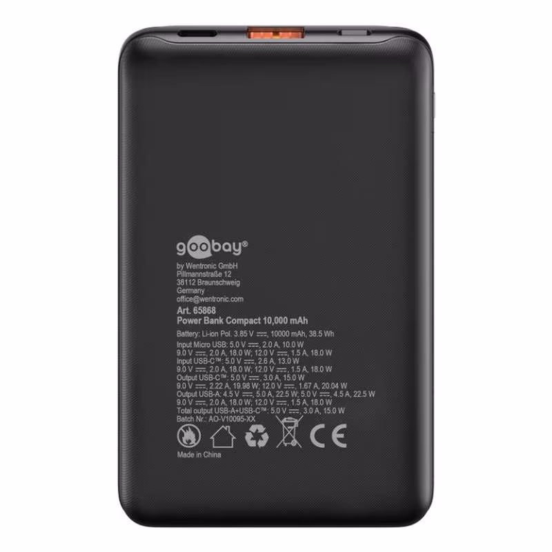 Power Bank - 10.000mAh - 22,5W Fast Charge - USB-A en 2x USB-C - Compact - Zwart - Afbeelding 2