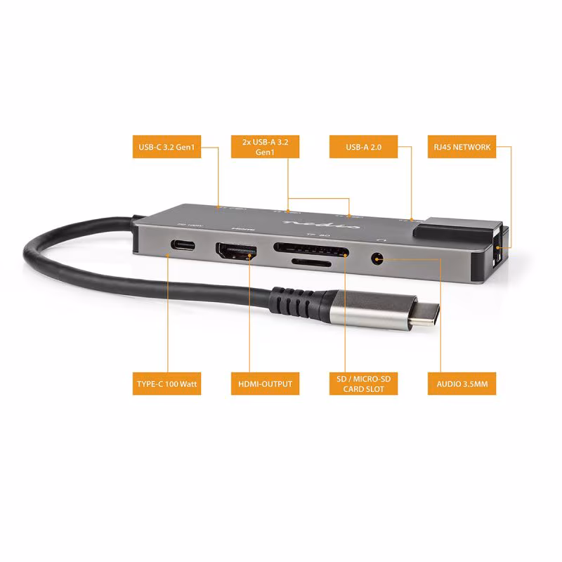 USB-C Multiport Adapter - USB 3.2 Gen 1 - 3x USB-A - 3,5mm - HDMI - RJ45 - 0,2 meter - Antraciet - Afbeelding 6