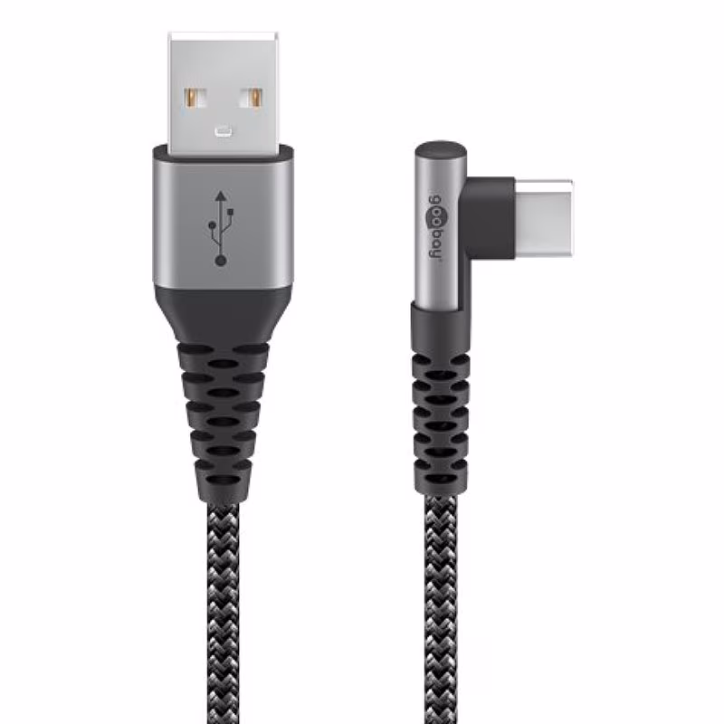USB-A naar Haakse USB-C Kabel - USB 2.0 - 60W PD - Nylon sleeve - 1 meter - Space Grey