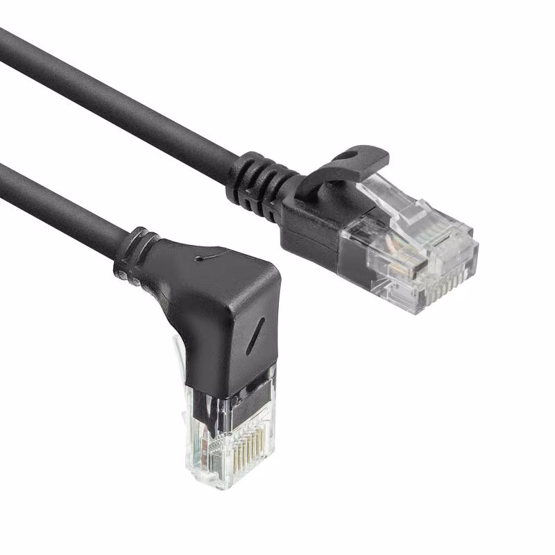 UTP CAT6A Slimline 10 Gigabit Netwerkkabel - 1 kant haaks naar onder - CU - 2 meter - Zwart