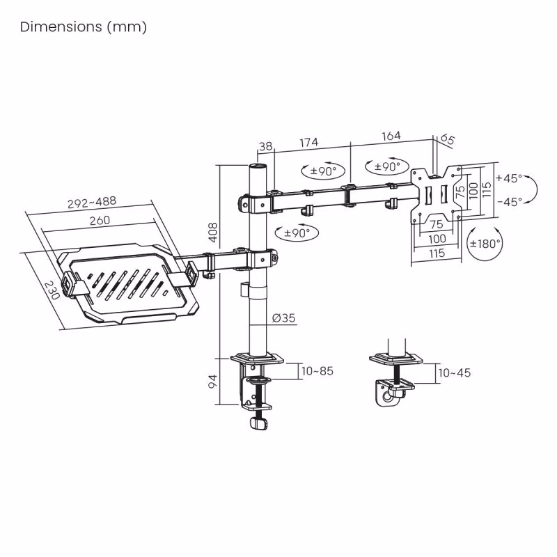 Bureaubeugel voor 17-32 inch scherm - Met laptophouder - Full motion - Tot 10kg - Zwart - Afbeelding 10
