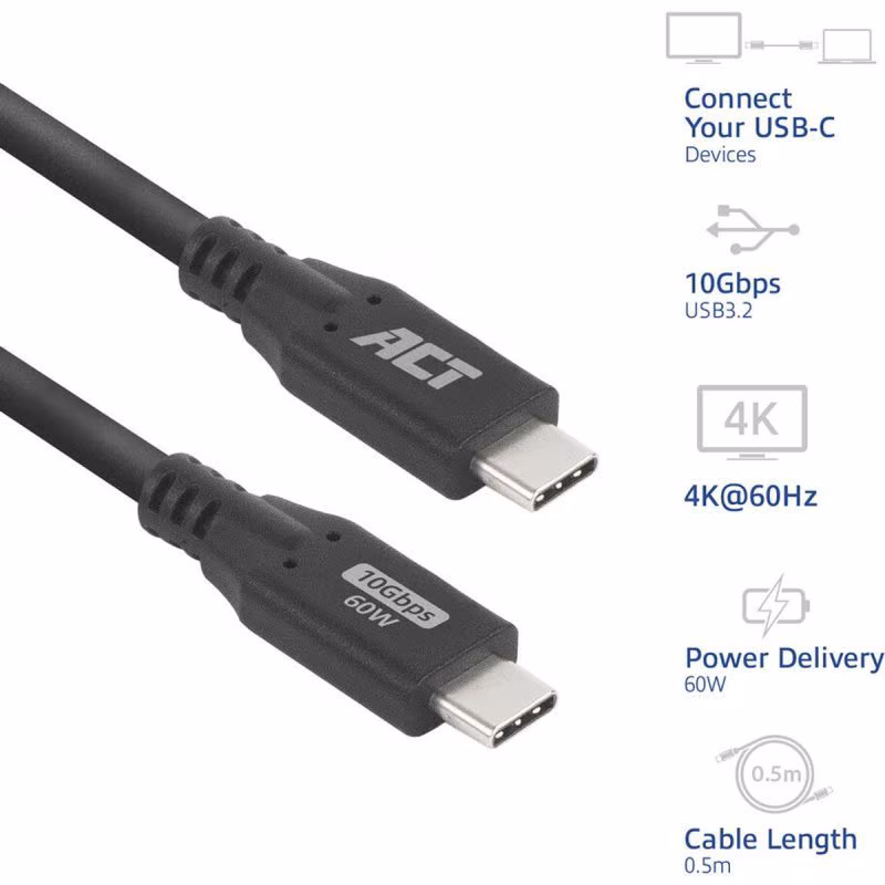 USB-C Kabel - USB 3.2 Gen 2 - 60W laden - Premium - 0,5 meter - Zwart - Afbeelding 5